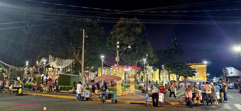 Eine belebte Straße in Santa Ana, El Salvador, bei Nacht mit festlicher Beleuchtung und Menschen, die sich vergnügen.