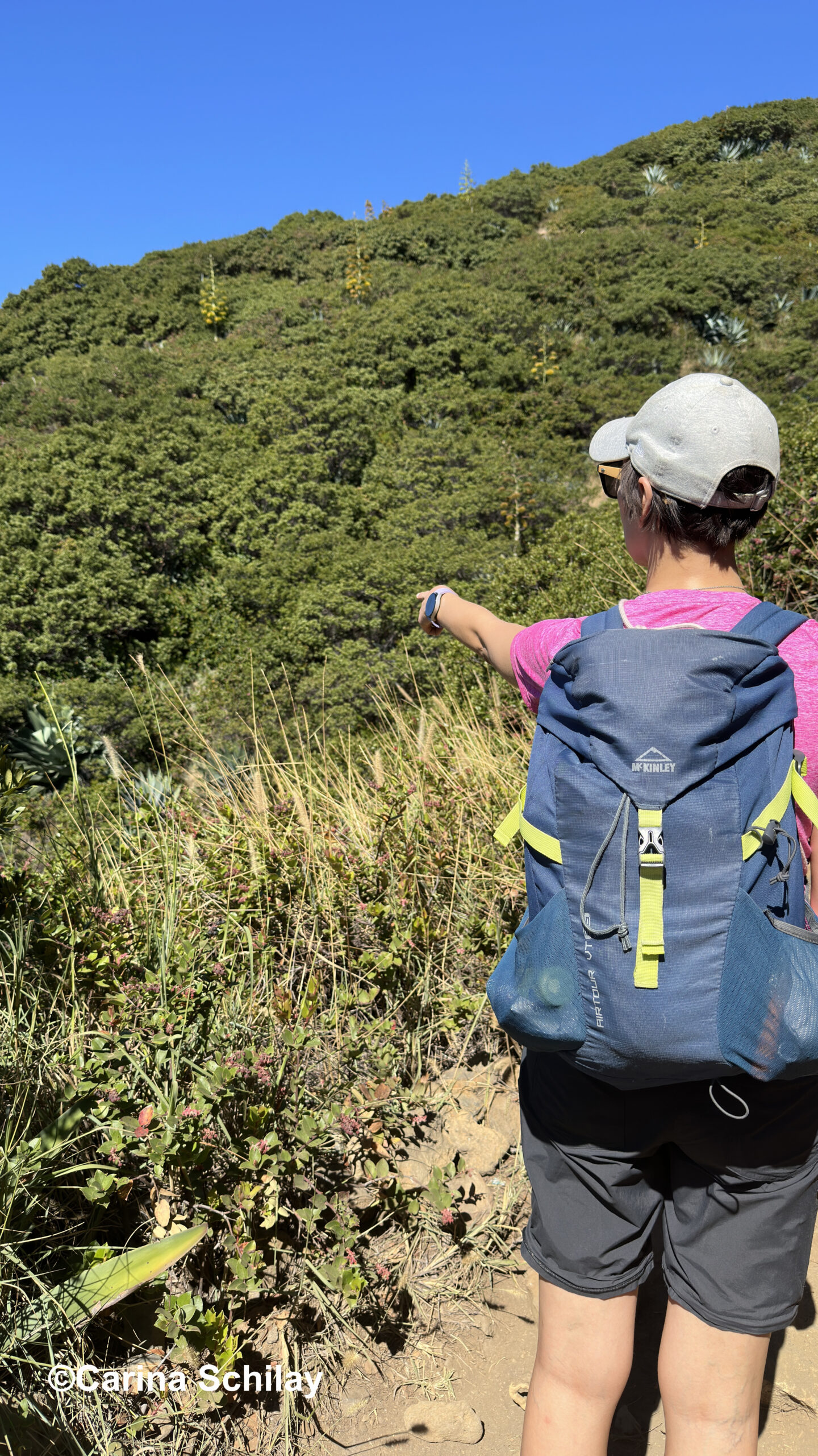 Wanderin auf dem Weg zum Gipfel des Santa Ana Vulkans, zeigt begeistert in die Ferne.