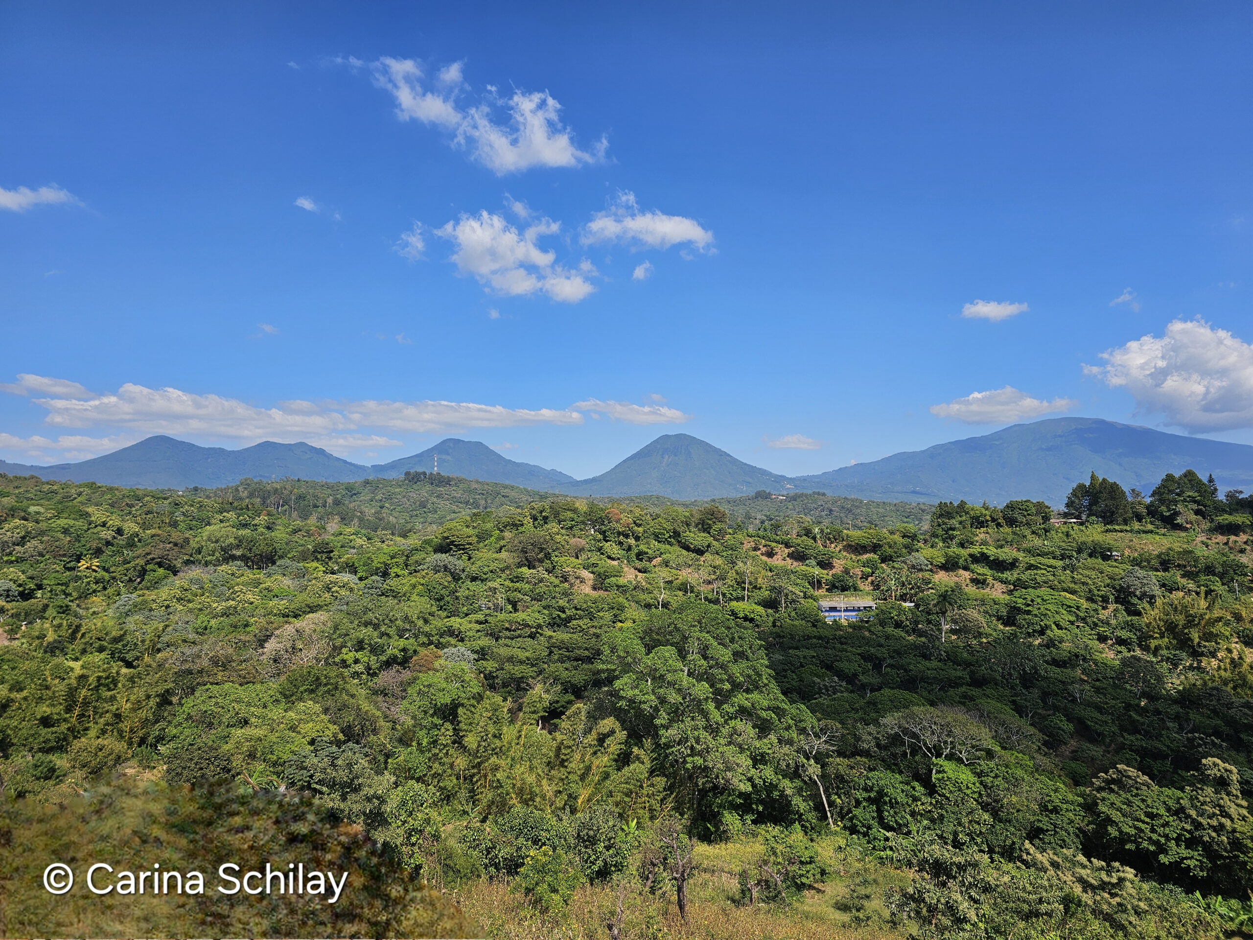 Ein Blick auf die grüne Landschaft der Vulkane in El Salvador mit klarem blauen Himmel