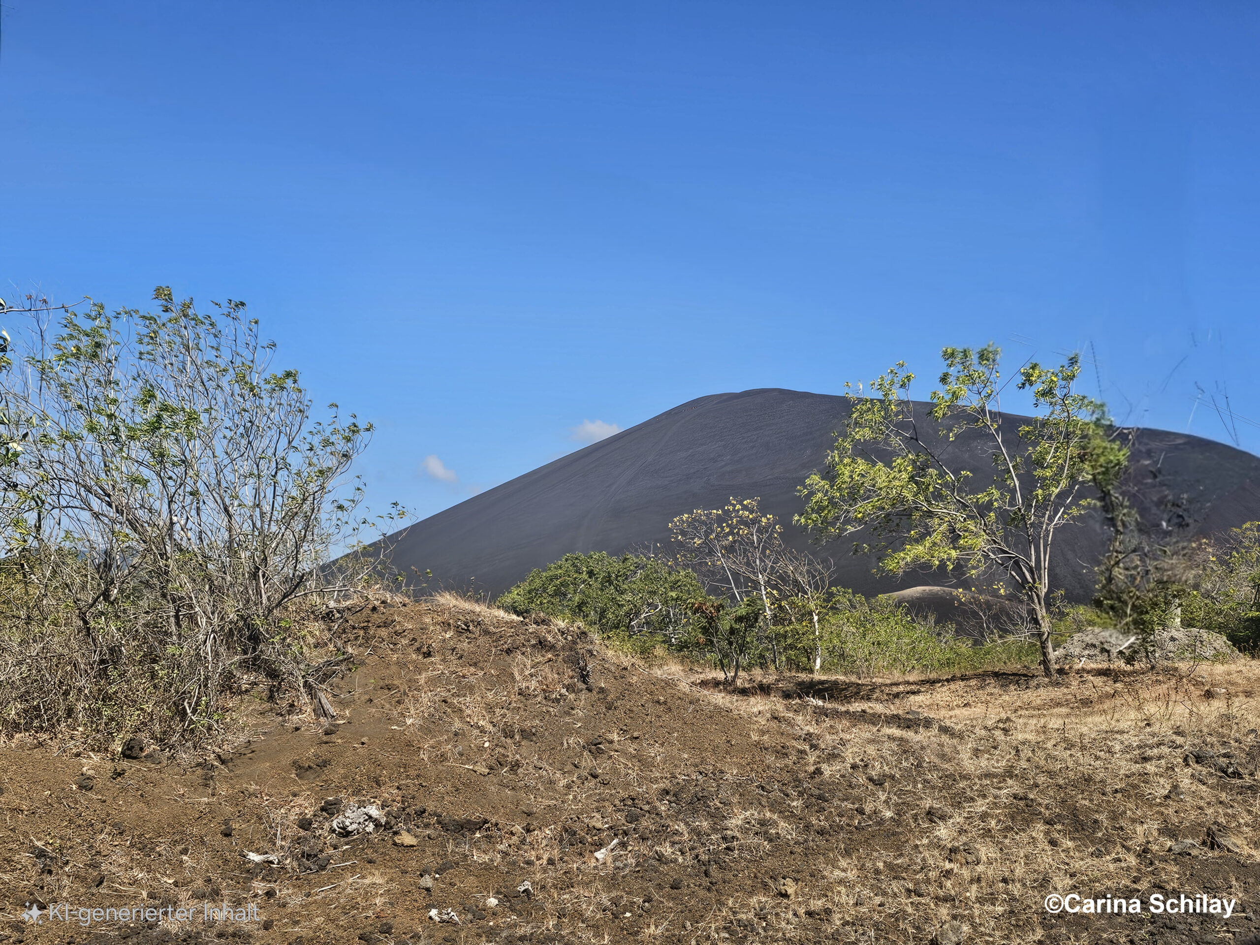 Sandboarding-Abenteuer wartet auf dem aschbedeckten Hang des Cerro Negro in Nicaragua unter einem strahlend blauen Himmel.