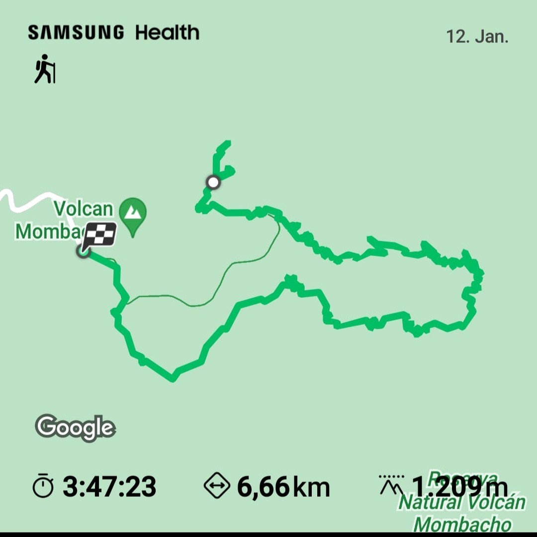 Screenshot der Samsung Health App mit einer Wanderkarte des Vulkans Mombacho in Nicaragua, inklusive Statistiken zur Dauer, Distanz und Höhenmeter.