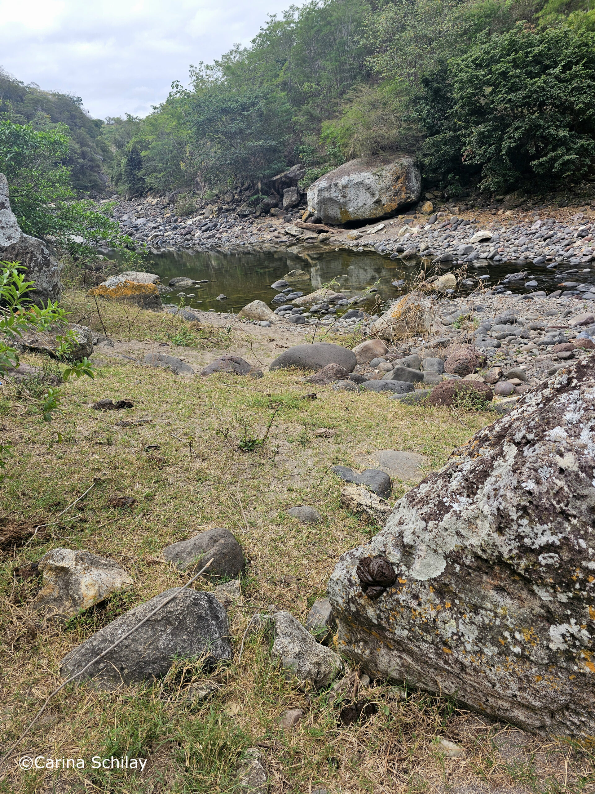 Rio Coco, umgeben von üppiger Vegetation, mit Felsen im Wasser und der Startpunkt der Tour durch die Somoto-Schlucht.